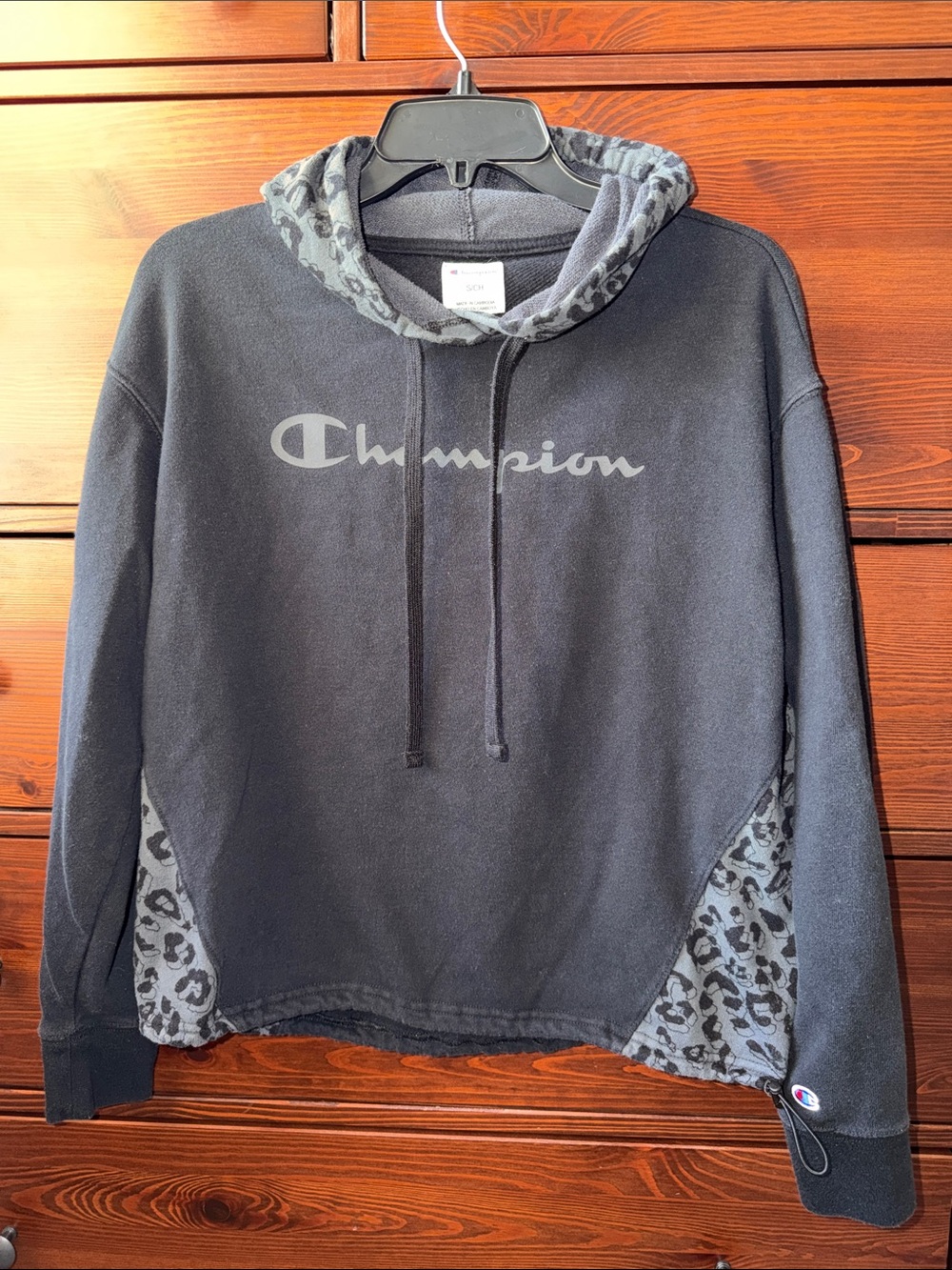Champion Black Hoodie with Gray Leopard Accents